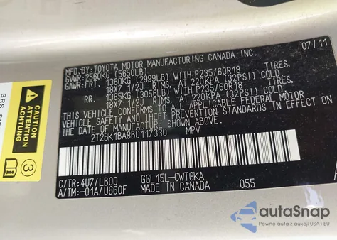 2011 Lexus Rx 350 z USA, uszkodzony, nr VIN 2T2BK1BA8BC117330